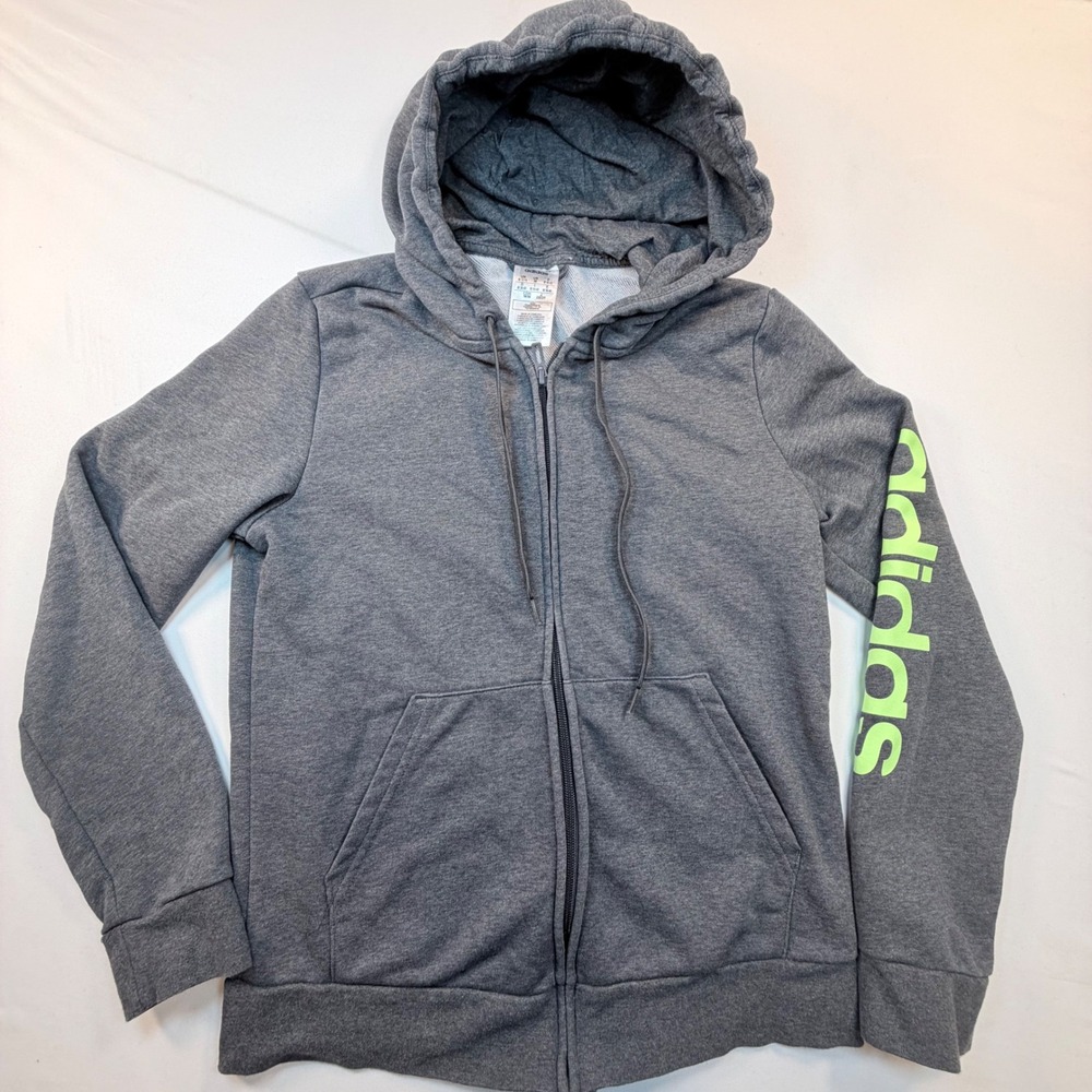 Adidas Essentials Full Zip Hoodie Gray Neon Green Logo Sweatshirt Womens Sporty
